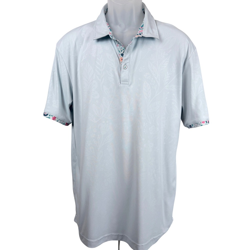 Swannies Golf Polo L Light Blue Floral Jacquard Performance Stretch Shirt Men